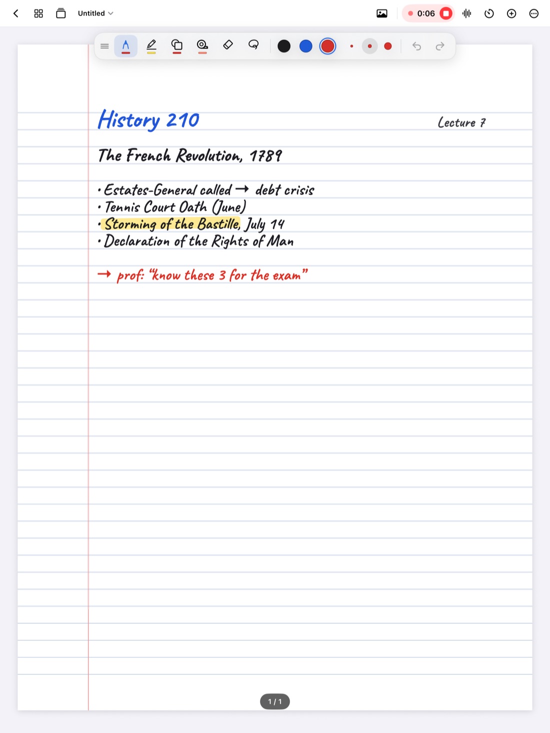 Handwritten History notes in Scribba while a lecture records
